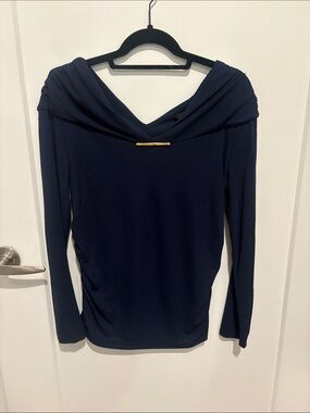 Donna Karan Navy Blue Long Sleeve Draped Neck Top with Gold Accent